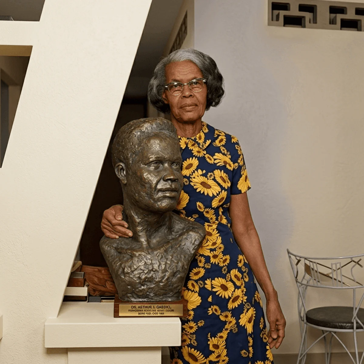 A woman standing beside a sculpted bust of Sir Garry Sobers.