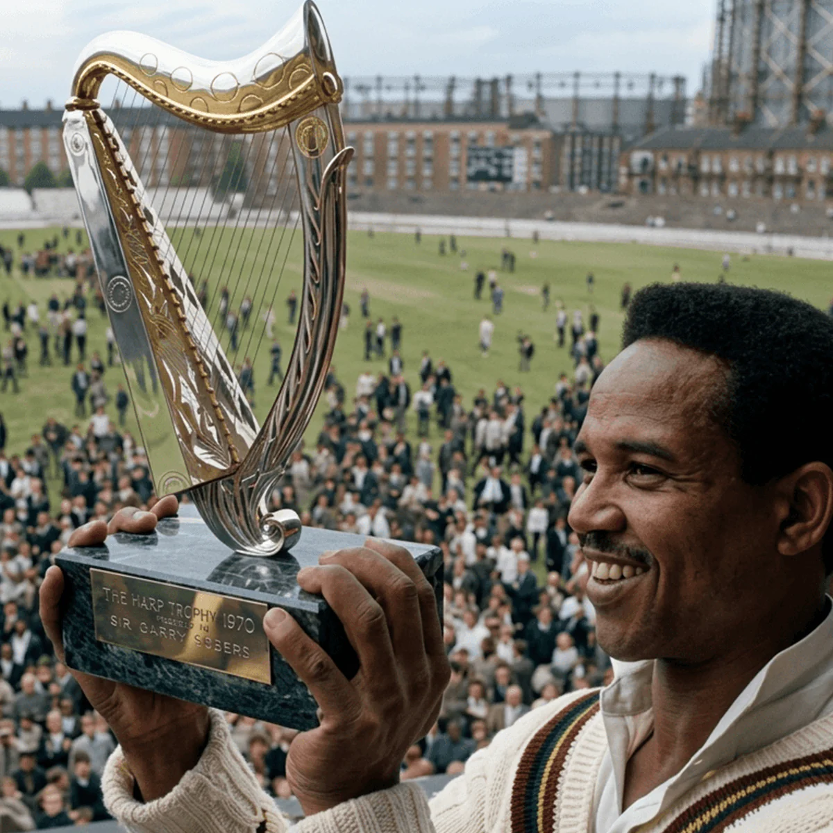 Sir Garry Sobers smiling while holding the Harp Trophy above a cricket ground.