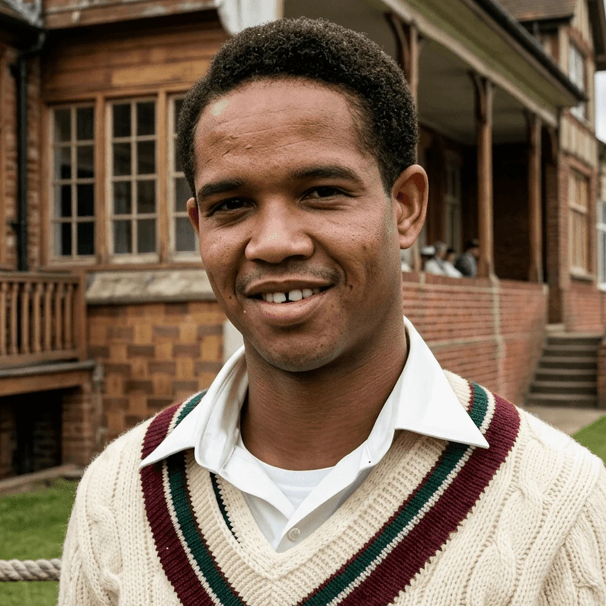 A young Sir Garry Sobers wearing a white V-neck cricket cardigan beside the field.